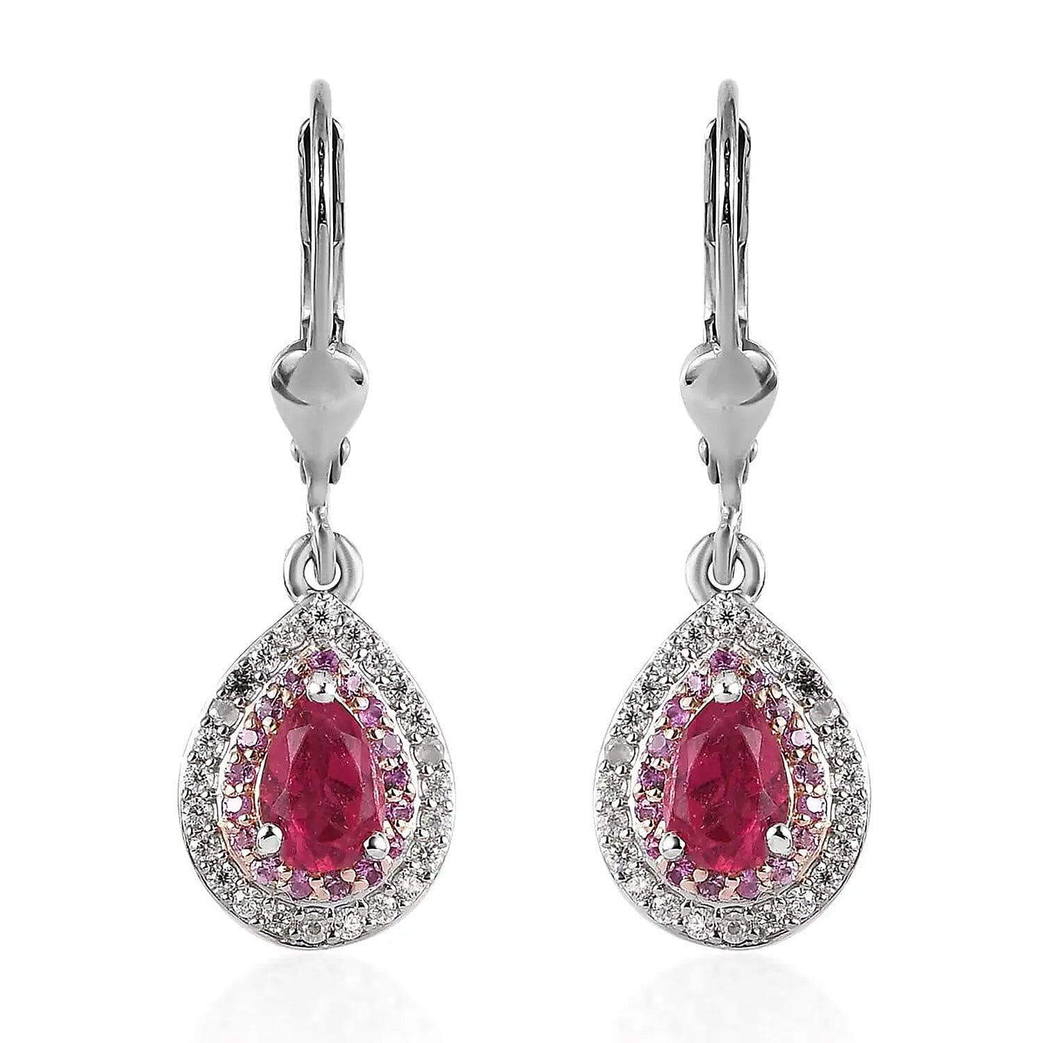 Ouro Fino Rubellite and Multi Gemstone Lever Back Earrings in Vermeil RG and Platinum Over Sterling Silver 1.20 ctw
