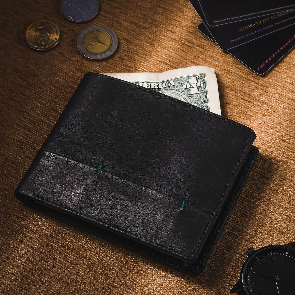 Black Genuine Leather RFID Bi-fold Men's Wallet (4.5"x3.75") image number 1