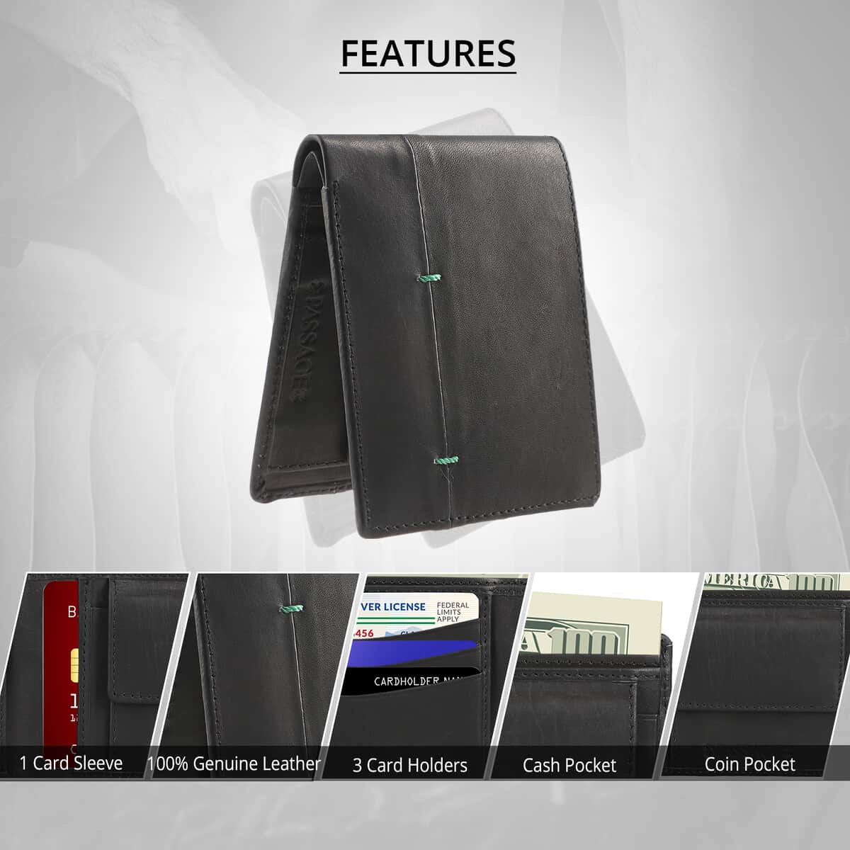 Passage Black Genuine Leather RFID Bi-fold Men's Wallet image number 3