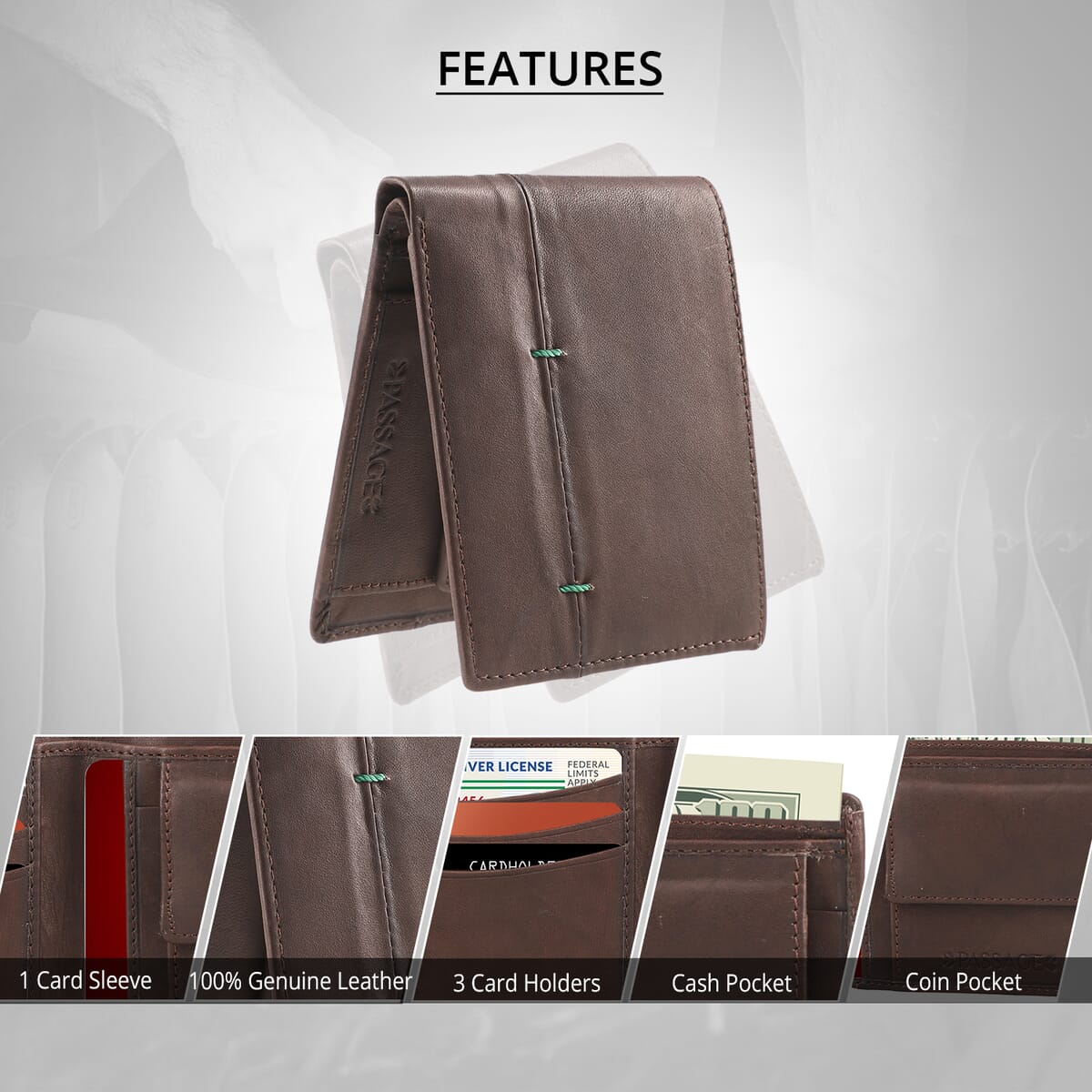 Passage Brown Genuine Leather RFID Bi-fold Men's Wallet image number 3