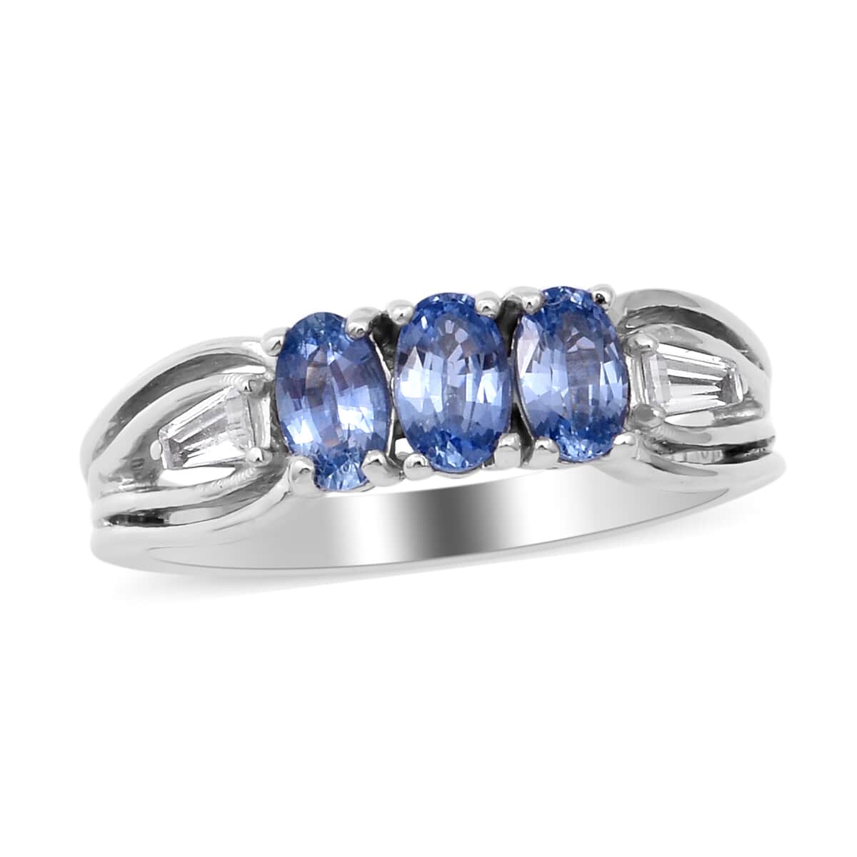Ceylon Blue Sapphire and Natural White Zircon Ring in Platinum Over Sterling Silver (Size 7.0) 1.00 ctw image number 0