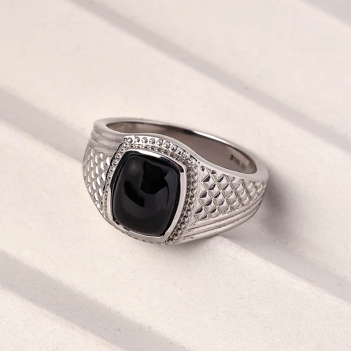 Natural Thai Black Spinel Men's Ring in Stainless Steel (Size 14.0) 5.25 ctw image number 1