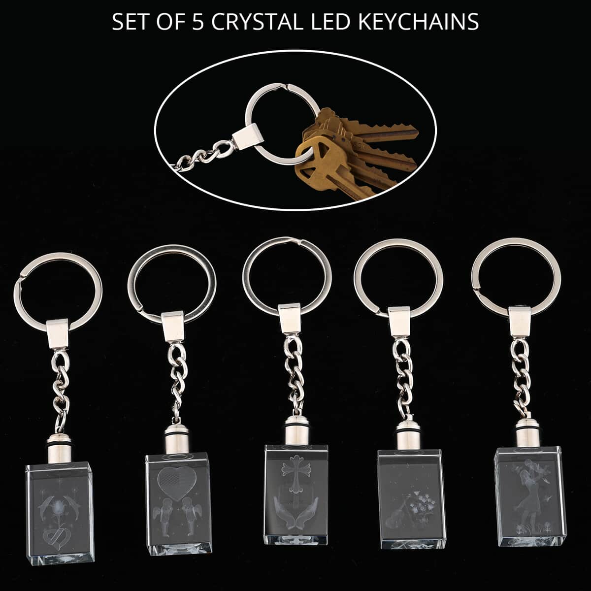 Set of 5 Crystal Angel Rectangle LED Keychains (3xAG1 Battery included) image number 1