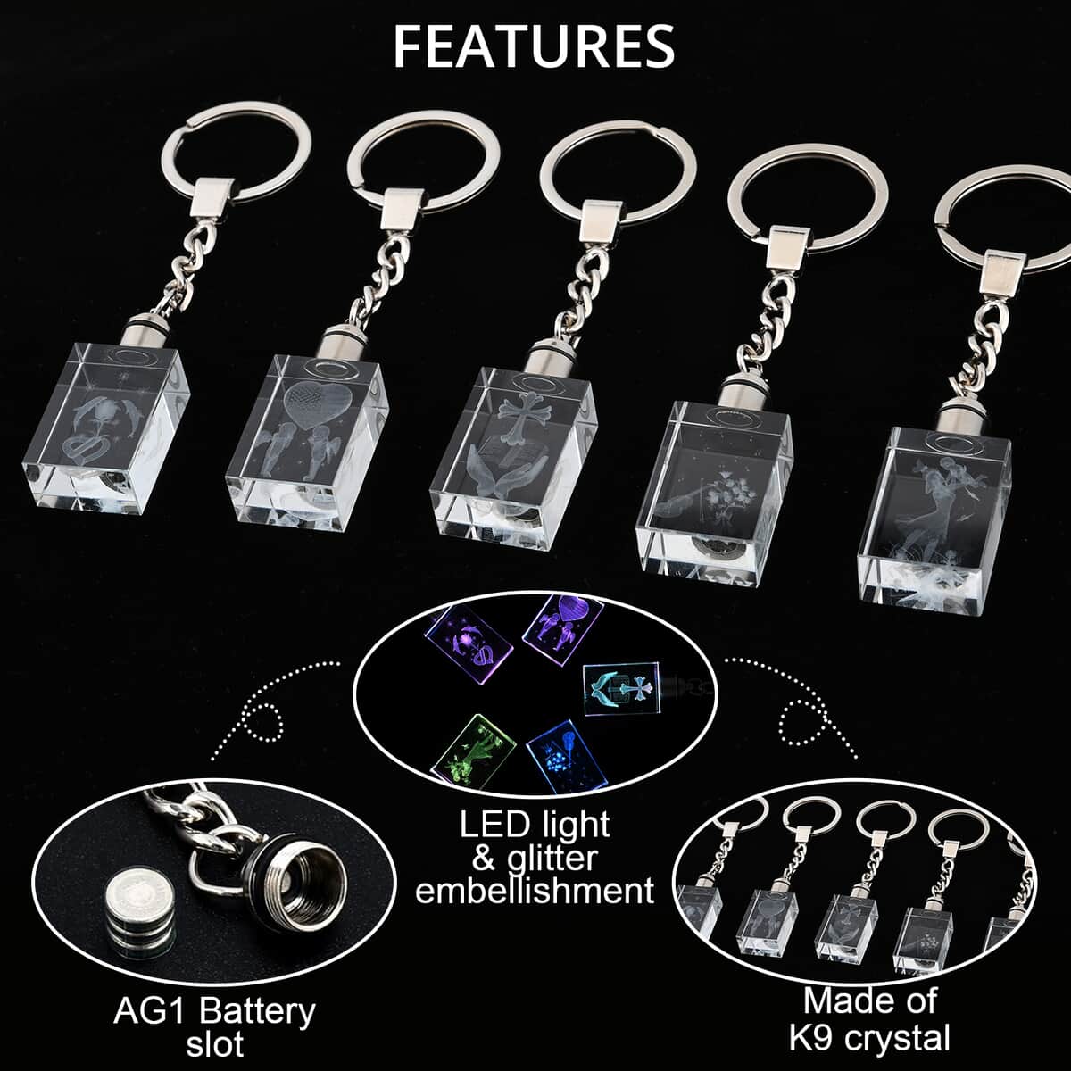 Set of 5 Crystal Angel Rectangle LED Keychains (3xAG1 Battery included) image number 2
