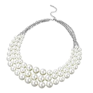 Simulated White Pearl Triple Row Necklace in Silvertone 20-22 Inches