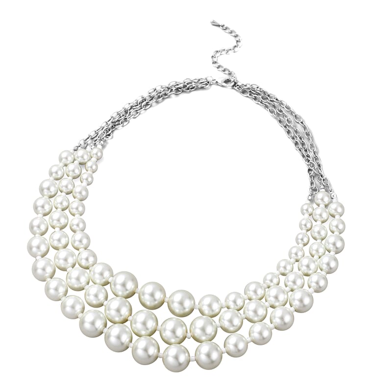 Simulated White Pearl Triple Row Necklace in Silvertone 20-22 Inches
