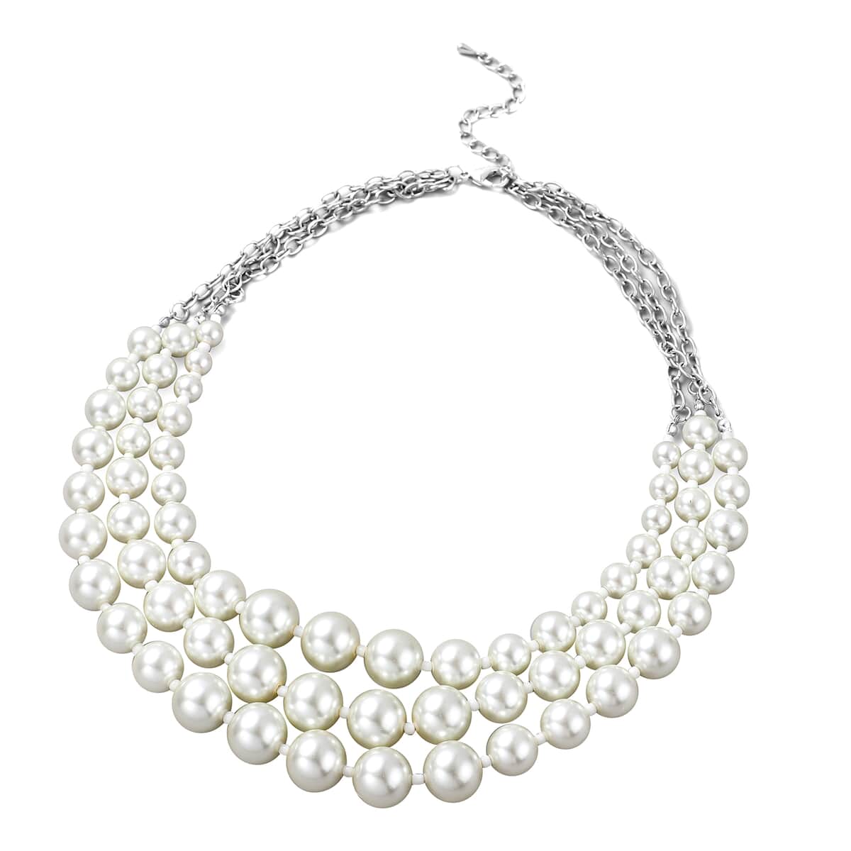 Simulated White Pearl Triple Row Necklace 20-22 Inches in Silvertone image number 0