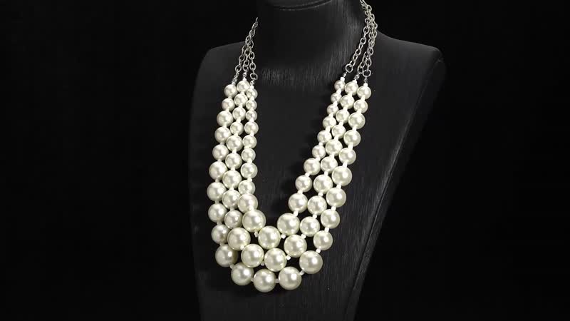 Simulated White Pearl Triple Row Necklace 20-22 Inches in Silvertone