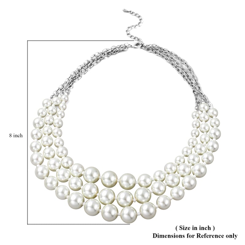 Simulated White Pearl Triple Row Necklace in Silvertone 20-22 Inches