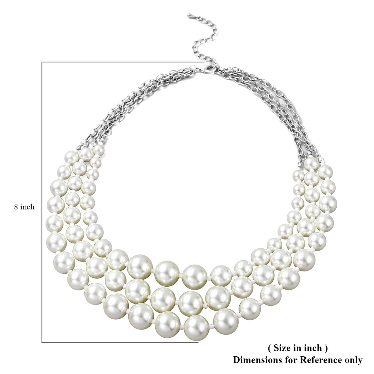 Simulated White Pearl Triple Row Necklace 20-22 Inches in Silvertone image number 4