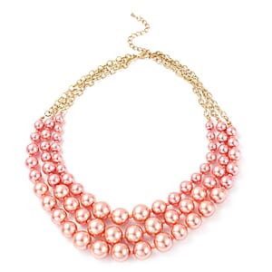 Simulated Peach Pearl Triple Row Necklace in Goldtone 20-22 Inches