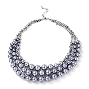 Simulated Gray Pearl Triple Row Necklace in Silvertone 20 Inches