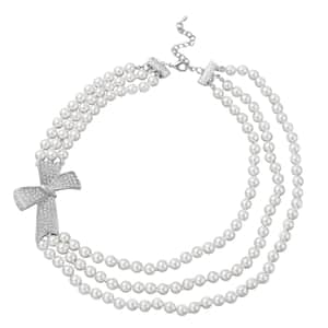 Simulated White Pearl and White Austrian Crystal Triple Row Necklace 20-23 Inches with Bow Clasp in Silvertone