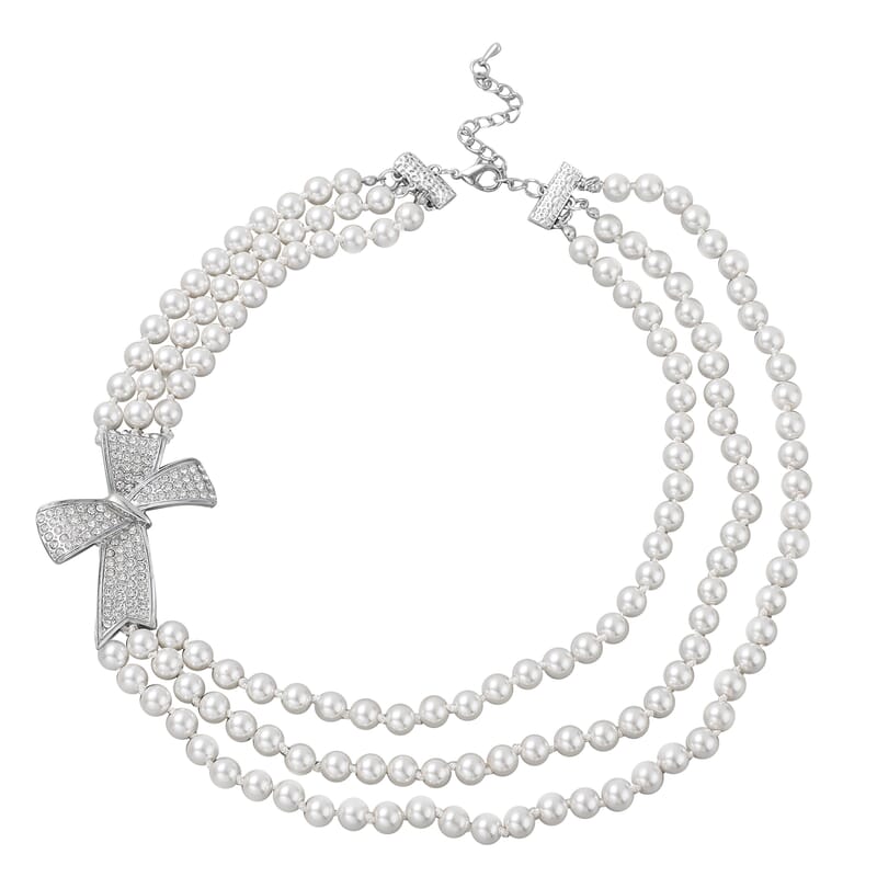 Simulated White Pearl and White Austrian Crystal Triple Row Necklace 20-23 Inches with Bow Clasp in Silvertone