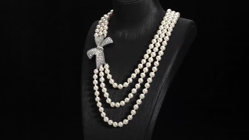 Simulated White Pearl and White Austrian Crystal Triple Row Necklace 20-23 Inches with Bow Clasp in Silvertone