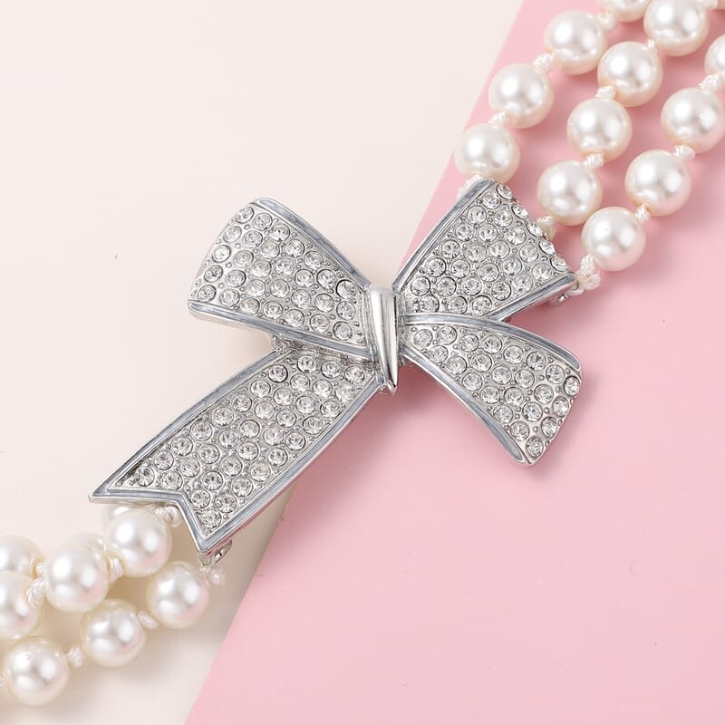 Simulated White Pearl and White Austrian Crystal Triple Row Necklace 20-23 Inches with Bow Clasp in Silvertone