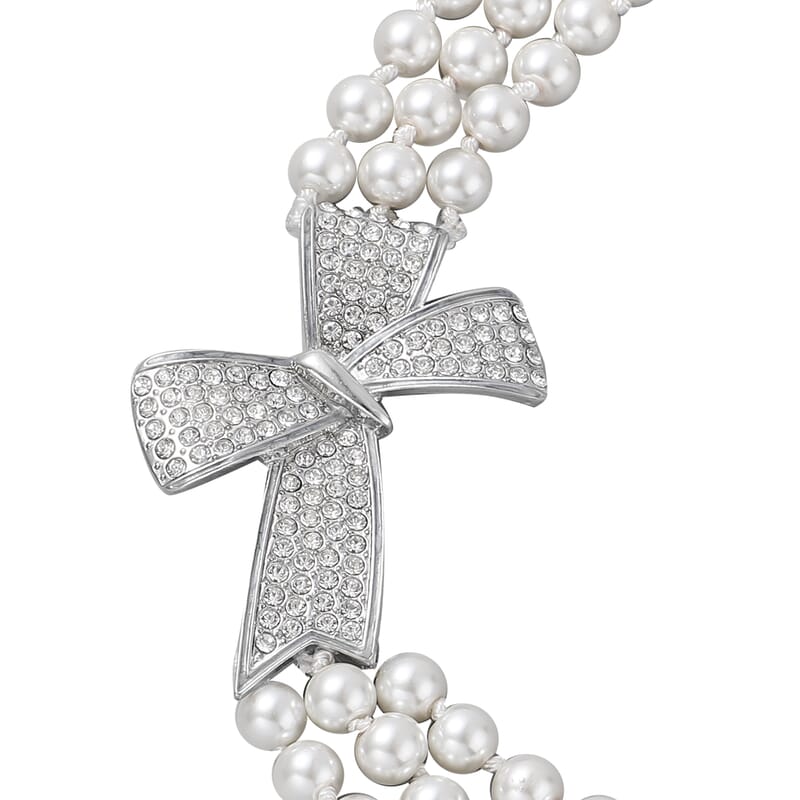 Simulated White Pearl and White Austrian Crystal Triple Row Necklace 20-23 Inches with Bow Clasp in Silvertone