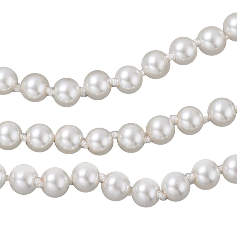 Simulated White Pearl and White Austrian Crystal Triple Row Necklace 20-23 Inches with Bow Clasp in Silvertone
