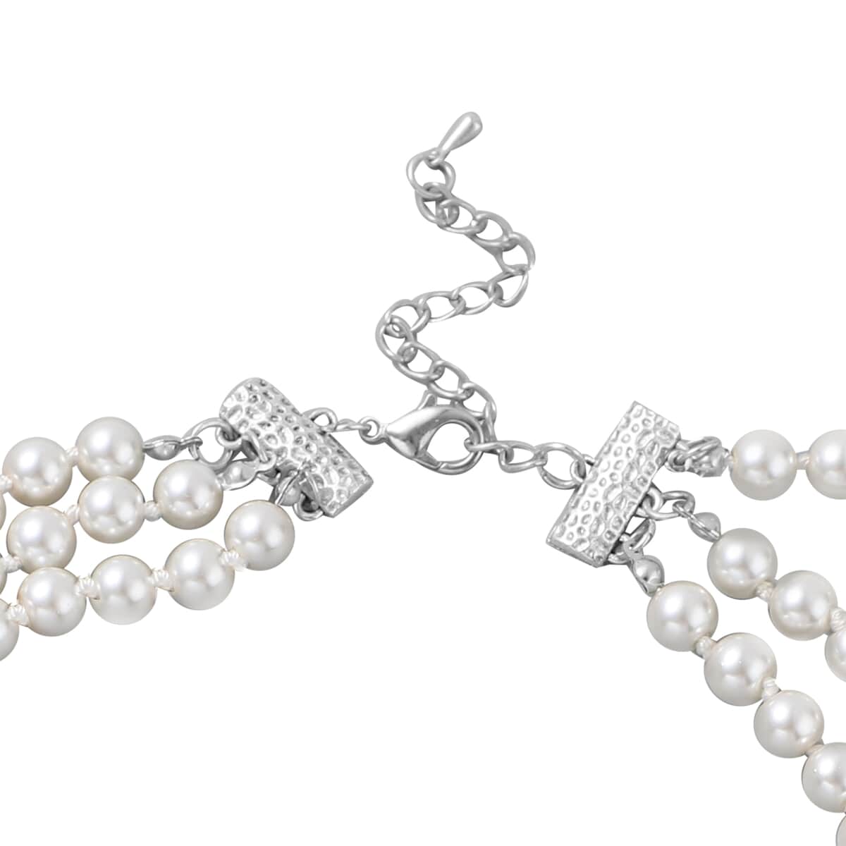 Simulated White Pearl and White Austrian Crystal Triple Row Necklace 20-23 Inches with Bow Clasp in Silvertone image number 4