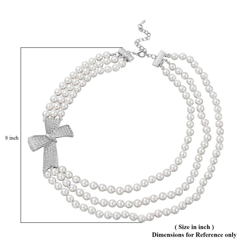 Simulated White Pearl and White Austrian Crystal Triple Row Necklace 20-23 Inches with Bow Clasp in Silvertone