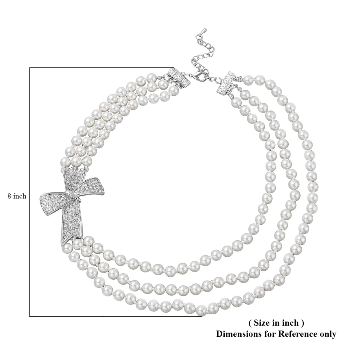 Simulated White Pearl and White Austrian Crystal Triple Row Necklace 20-23 Inches with Bow Clasp in Silvertone image number 5