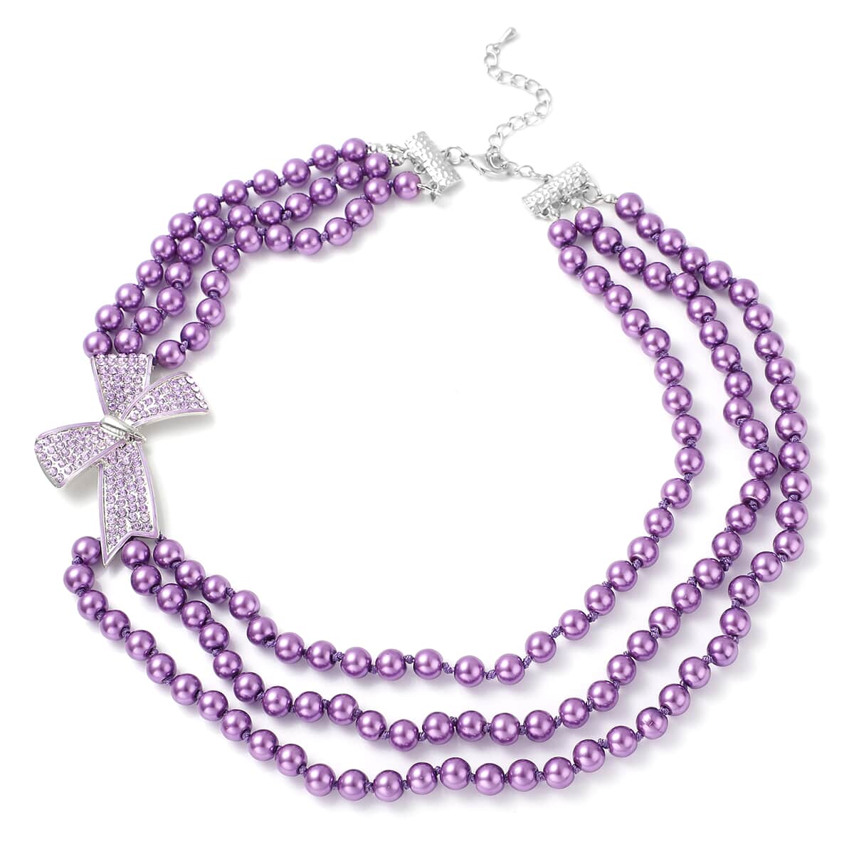 Simulated Purple Pearl and Purple Austrian Crystal Triple Row Necklace 20-23 Inches with Bow Clasp in Silvertone image number 0