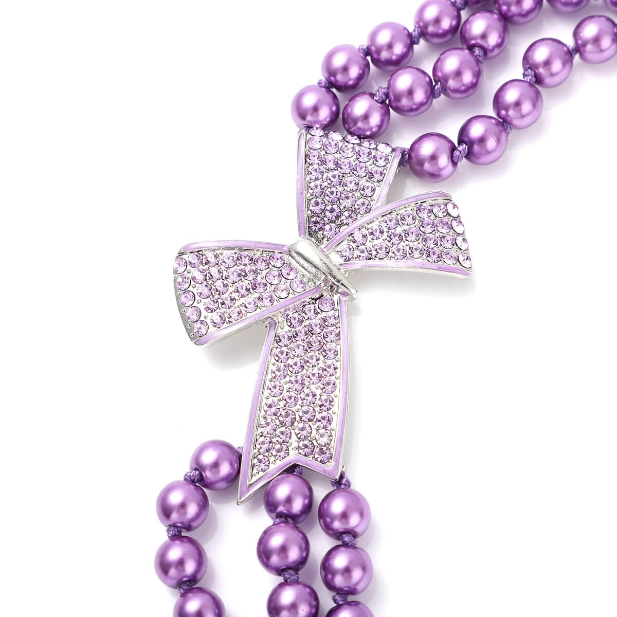 Simulated Purple Pearl and Purple Austrian Crystal Triple Row Necklace 20-23 Inches with Bow Clasp in Silvertone image number 2