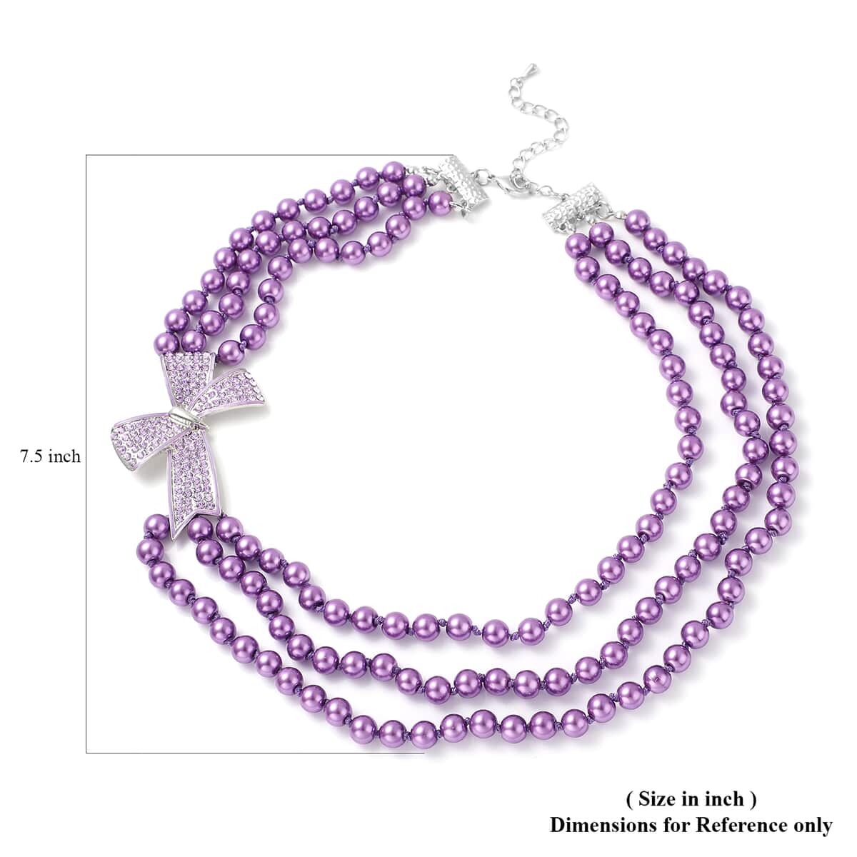 Simulated Purple Pearl and Purple Austrian Crystal Triple Row Necklace 20-23 Inches with Bow Clasp in Silvertone image number 5