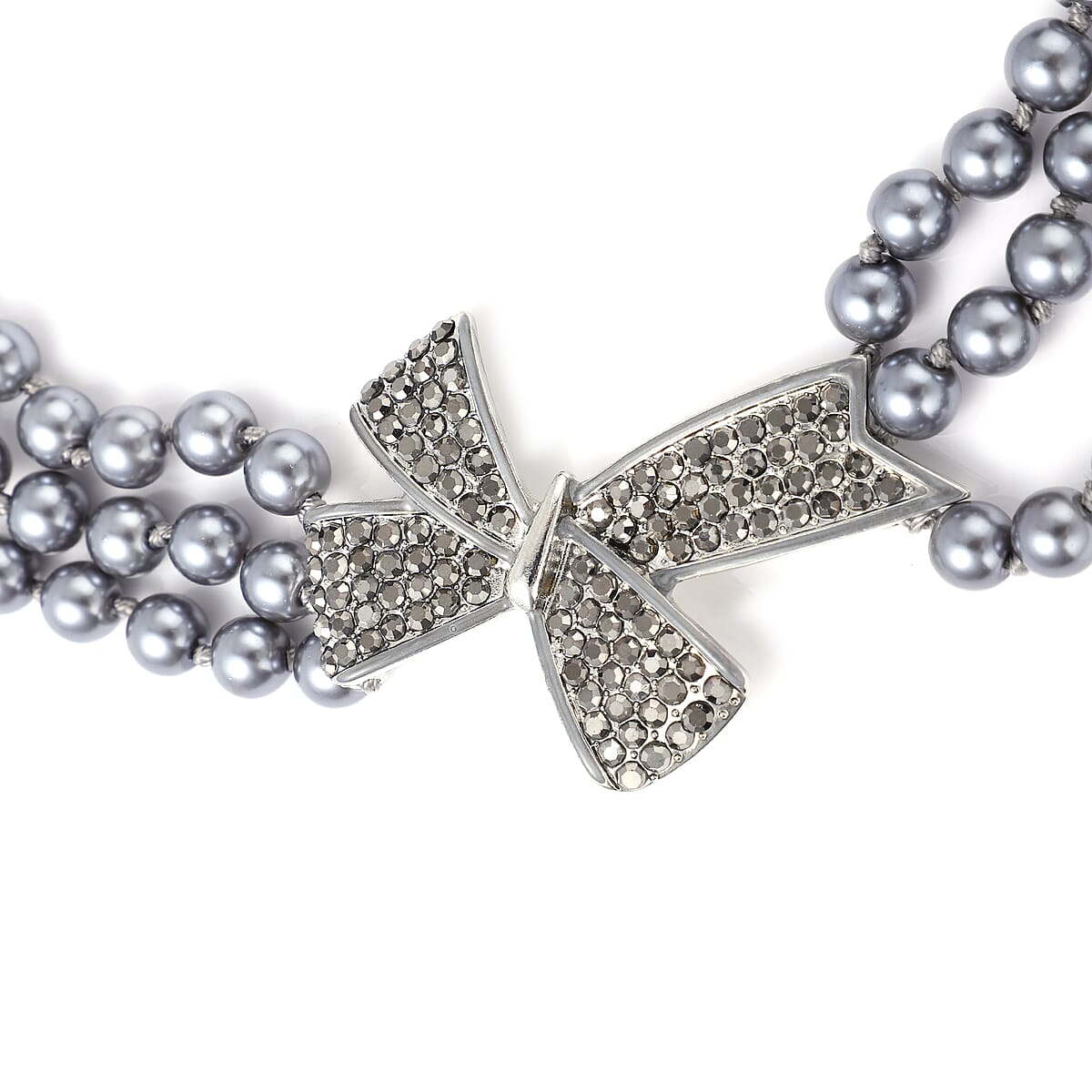 Simulated Gray Pearl and Gray Austrian Crystal Triple Row Necklace 20-23 Inches with Bow Clasp in Silvertone image number 2