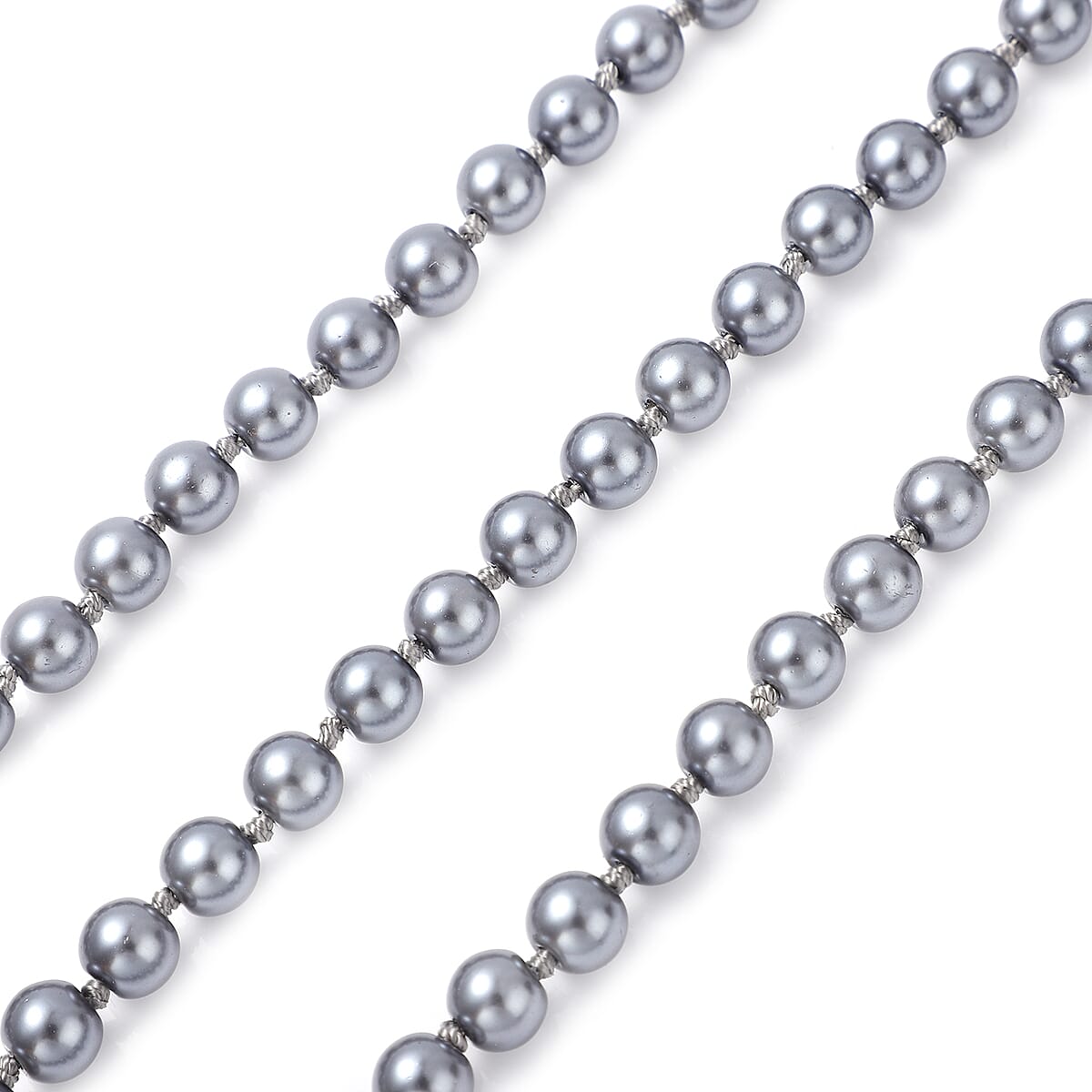 Simulated Gray Pearl and Gray Austrian Crystal Triple Row Necklace 20-23 Inches with Bow Clasp in Silvertone image number 3