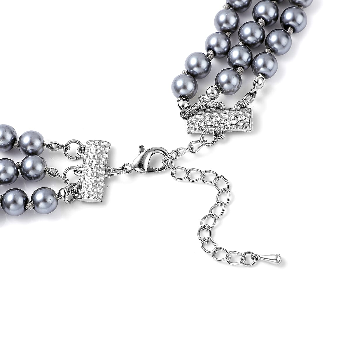 Simulated Gray Pearl and Gray Austrian Crystal Triple Row Necklace 20-23 Inches with Bow Clasp in Silvertone image number 4