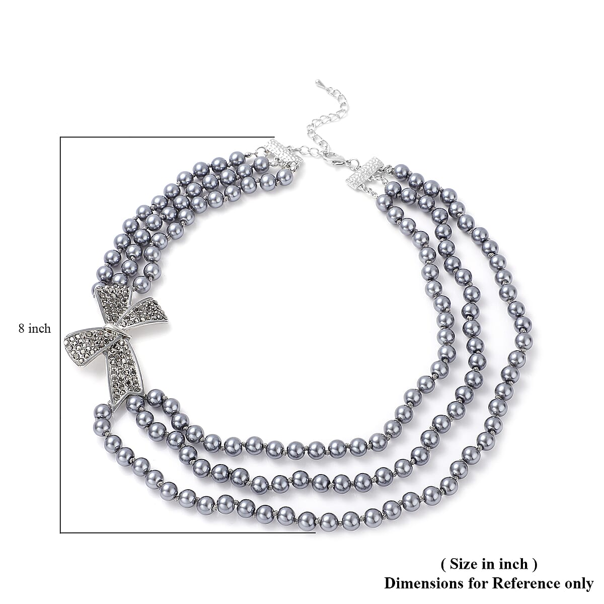 Simulated Gray Pearl and Gray Austrian Crystal Triple Row Necklace 20-23 Inches with Bow Clasp in Silvertone image number 5