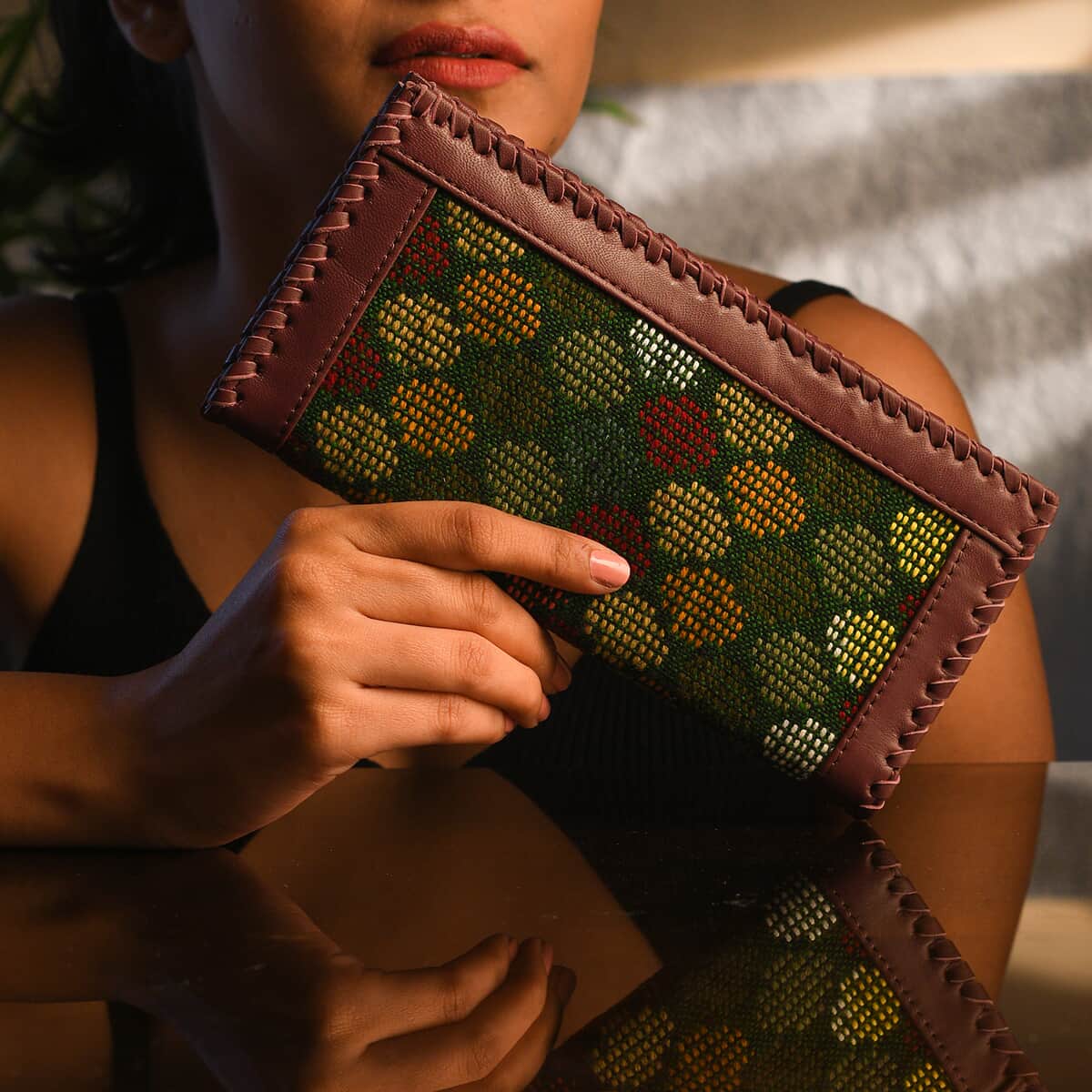 Plum Genuine Leather and Jacquard Wallet image number 2