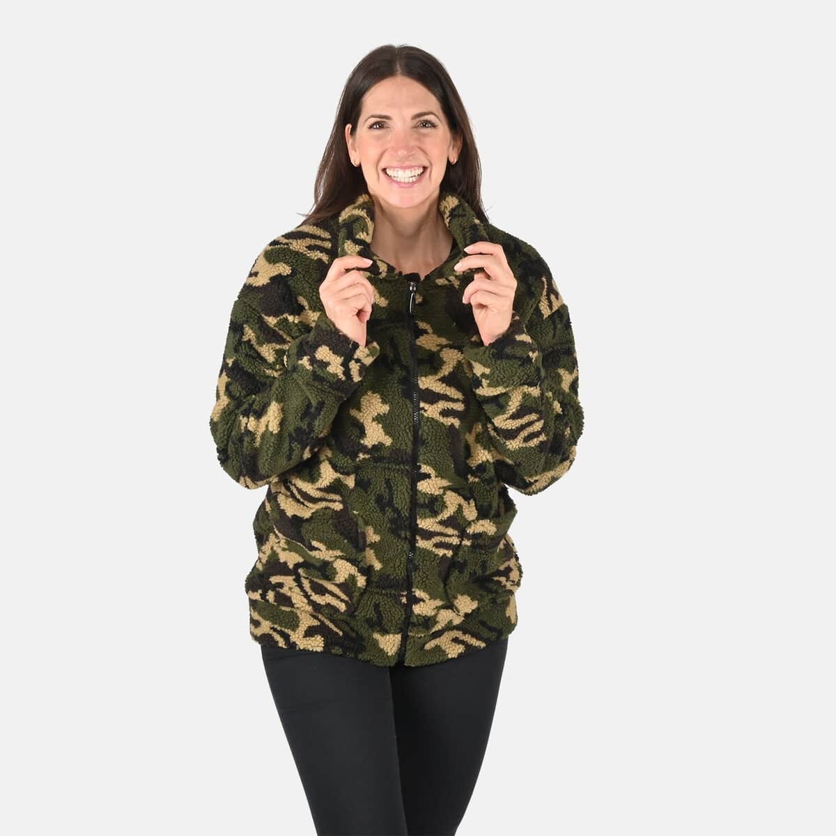 Passage Camo Green Faux Fur Coat For Women With Front Zipper - (L) image number 3