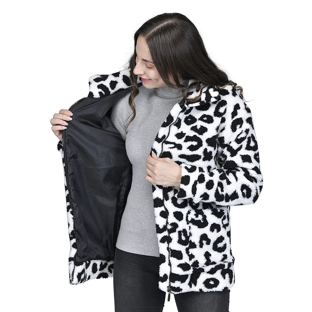 Passage Snow Leopard Print Faux Fur Coat For Women With Front Zipper - (3X) image number 3