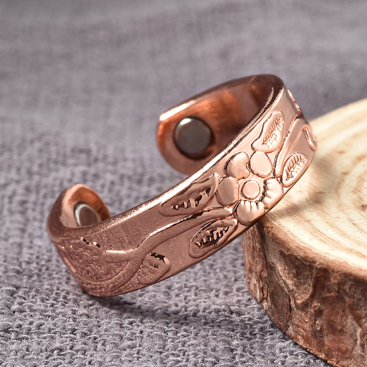 Magnetic By Design Floral Vine Pattern Adjustable Open Ring with Magnetic End in Rosetone image number 1