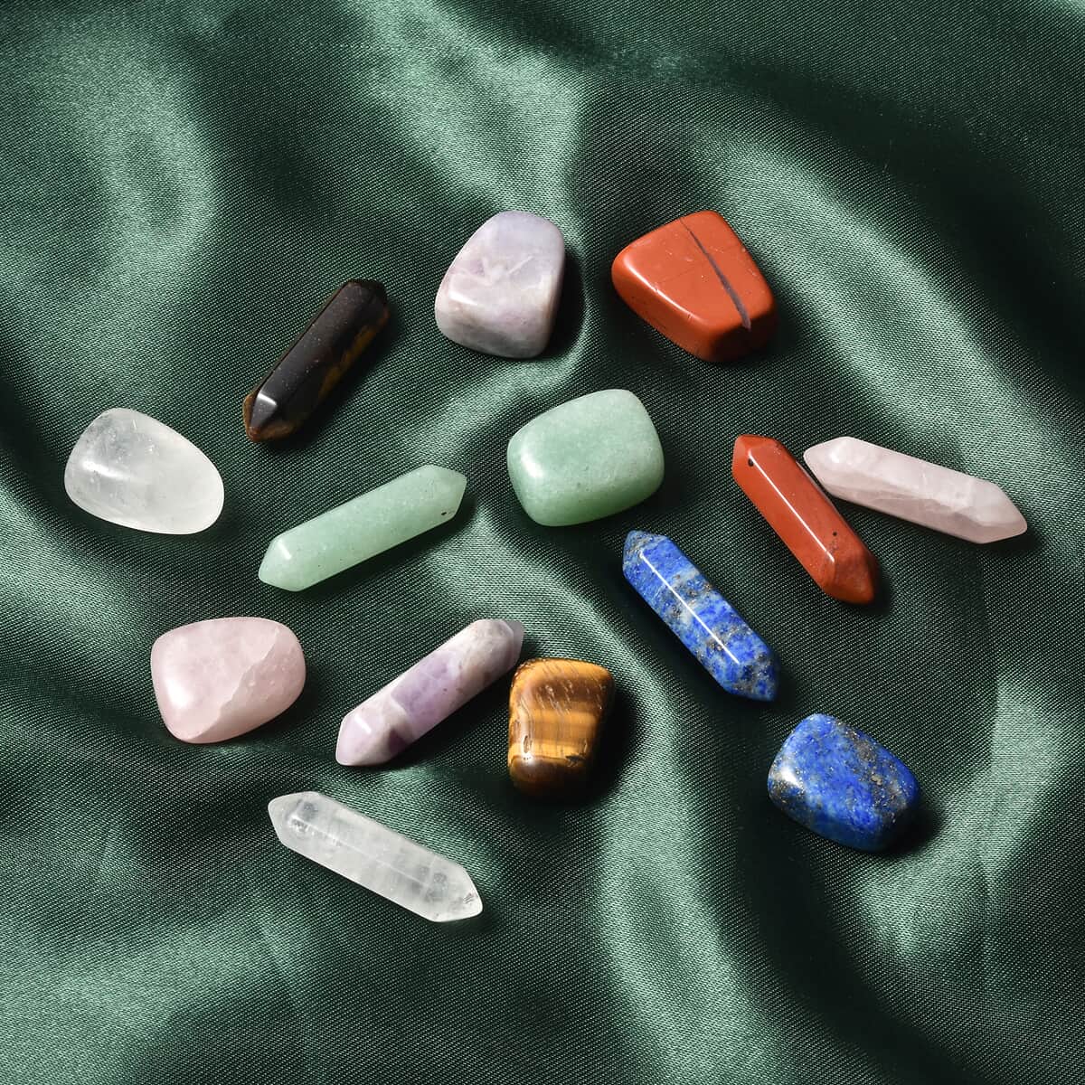 Collectors Variety Pack of Gems (2 Pieces Of Each: Aventurine, Yellow Tiger's Eye, Rose Quartz, Amethyst, Crystal, Red Jasper, Lapis Lazuli) 550ctw image number 1