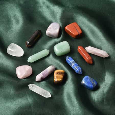 Collectors Variety Pack of Gems (2 Pieces Of Each: Aventurine, Yellow Tiger's Eye, Rose Quartz, Amethyst, Crystal, Red Jasper, Lapis Lazuli) 550ctw image number 1