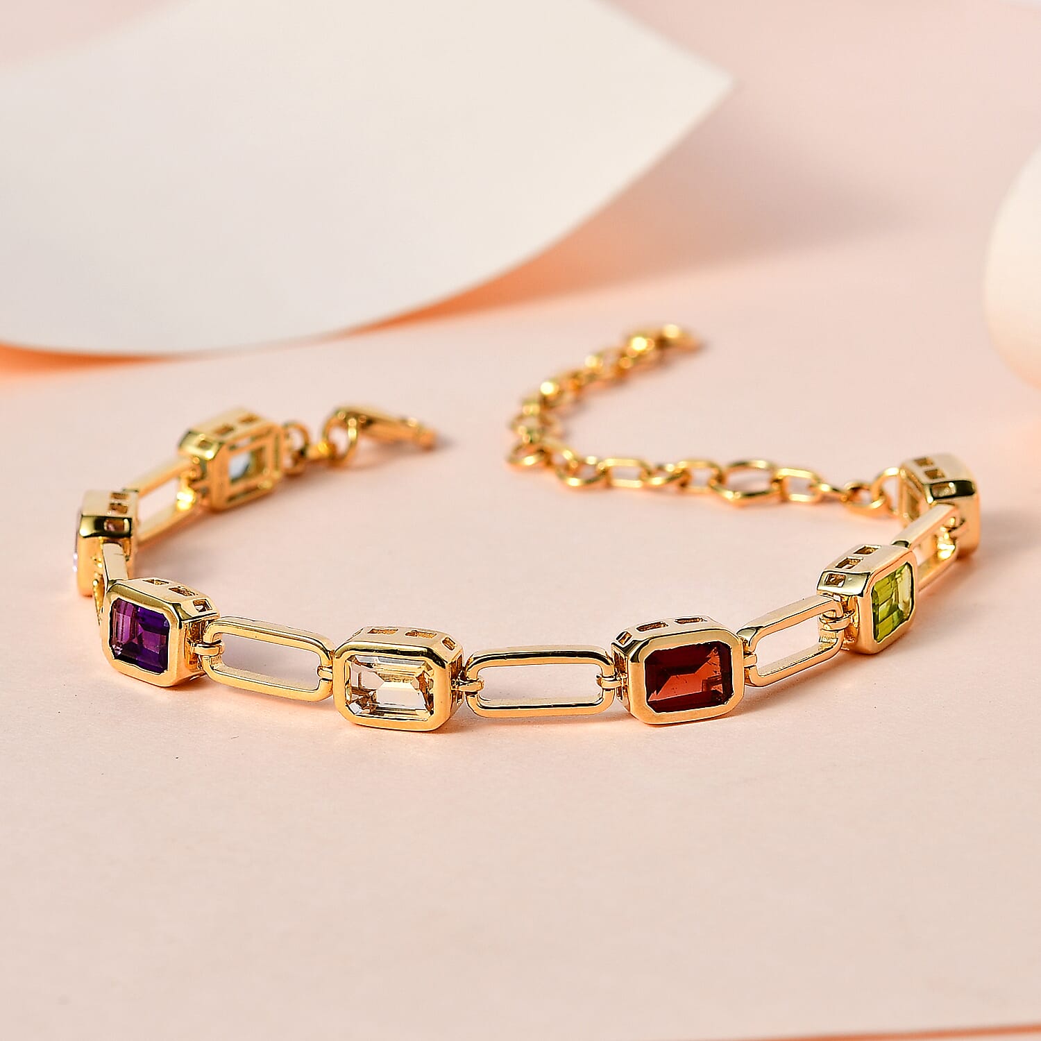 Multi Gemstone Paper Clip Statement Bracelet in Vermeil Yellow Gold Over Sterling Silver (6.50 In) 7.85 ctw