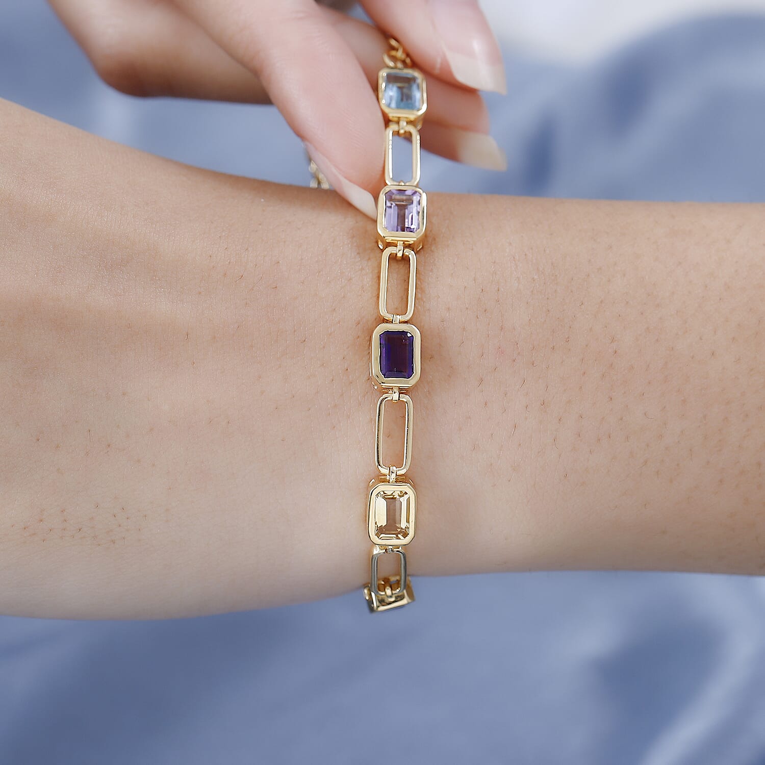 Multi Gemstone Paper Clip Statement Bracelet in Vermeil Yellow Gold Over Sterling Silver (6.50 In) 7.85 ctw