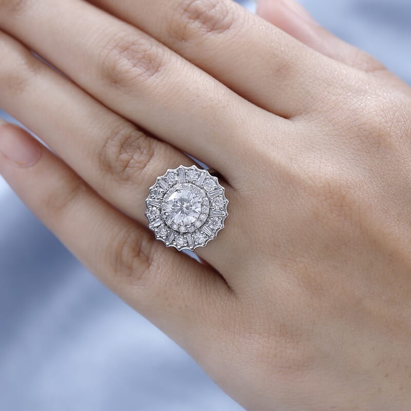 Moissanite Floral Ring in Platinum Over Sterling Silver (Size 10.0) 2.50 ctw