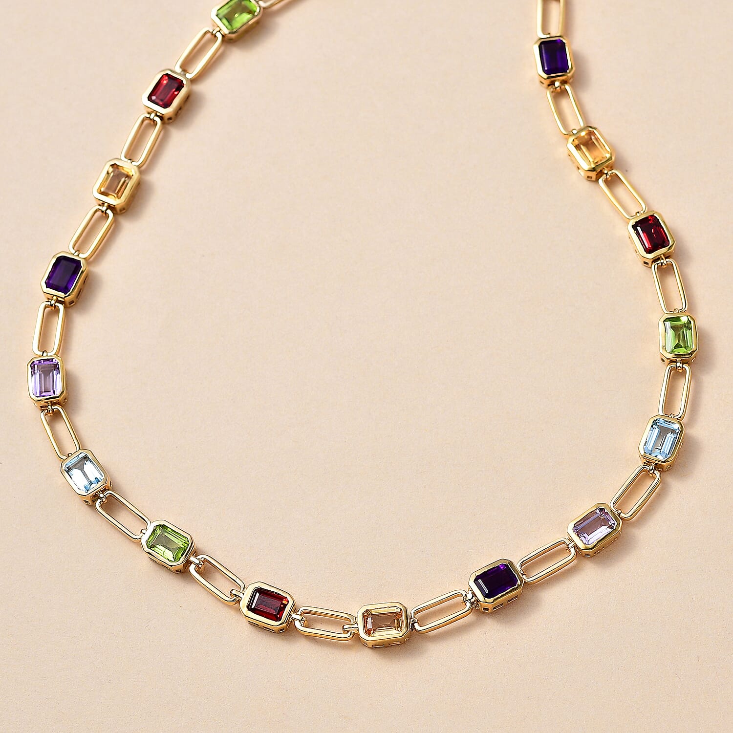 Multi Gemstone Paper Clip Statement Necklace 18 Inches in Vermeil Yellow Gold Over Sterling Silver 18.75 ctw