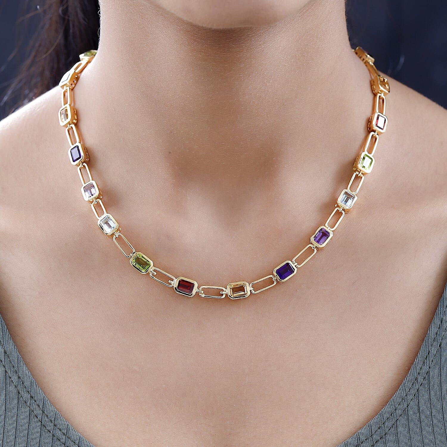 Multi Gemstone Paper Clip Statement Necklace 18 Inches in Vermeil Yellow Gold Over Sterling Silver 18.75 ctw