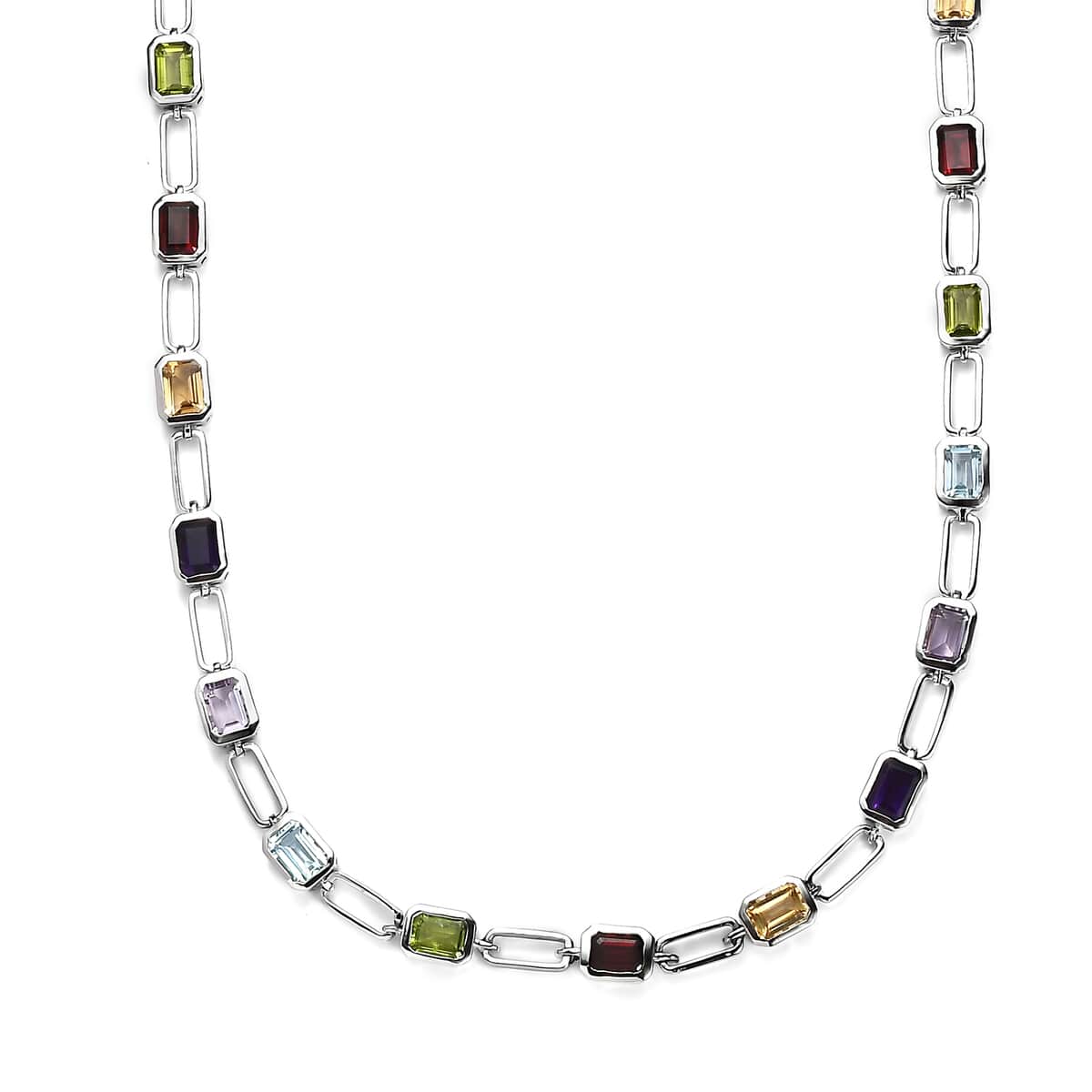 Multi Gemstone Paper Clip Statement Necklace 18 Inches in Platinum Over Sterling Silver 18.75 ctw image number 0