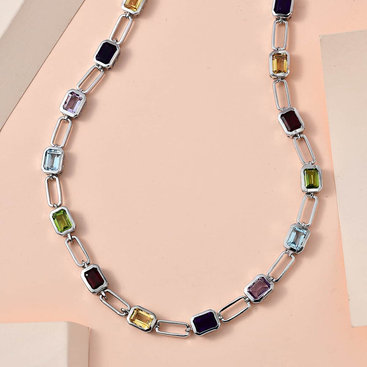 Multi Gemstone Paper Clip Statement Necklace 18 Inches in Platinum Over Sterling Silver 18.75 ctw image number 1