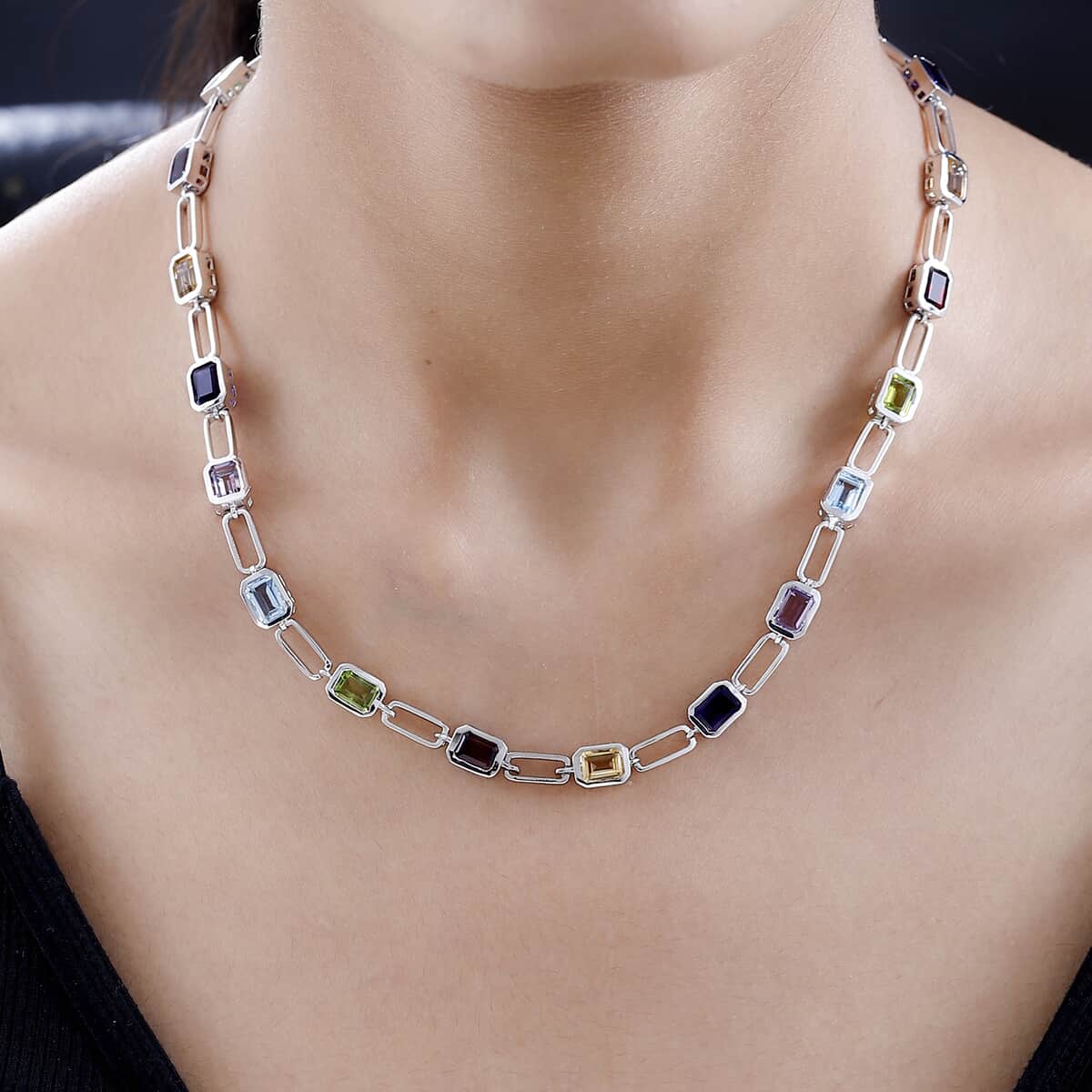 Multi Gemstone Paper Clip Statement Necklace 18 Inches in Platinum Over Sterling Silver 18.75 ctw image number 2