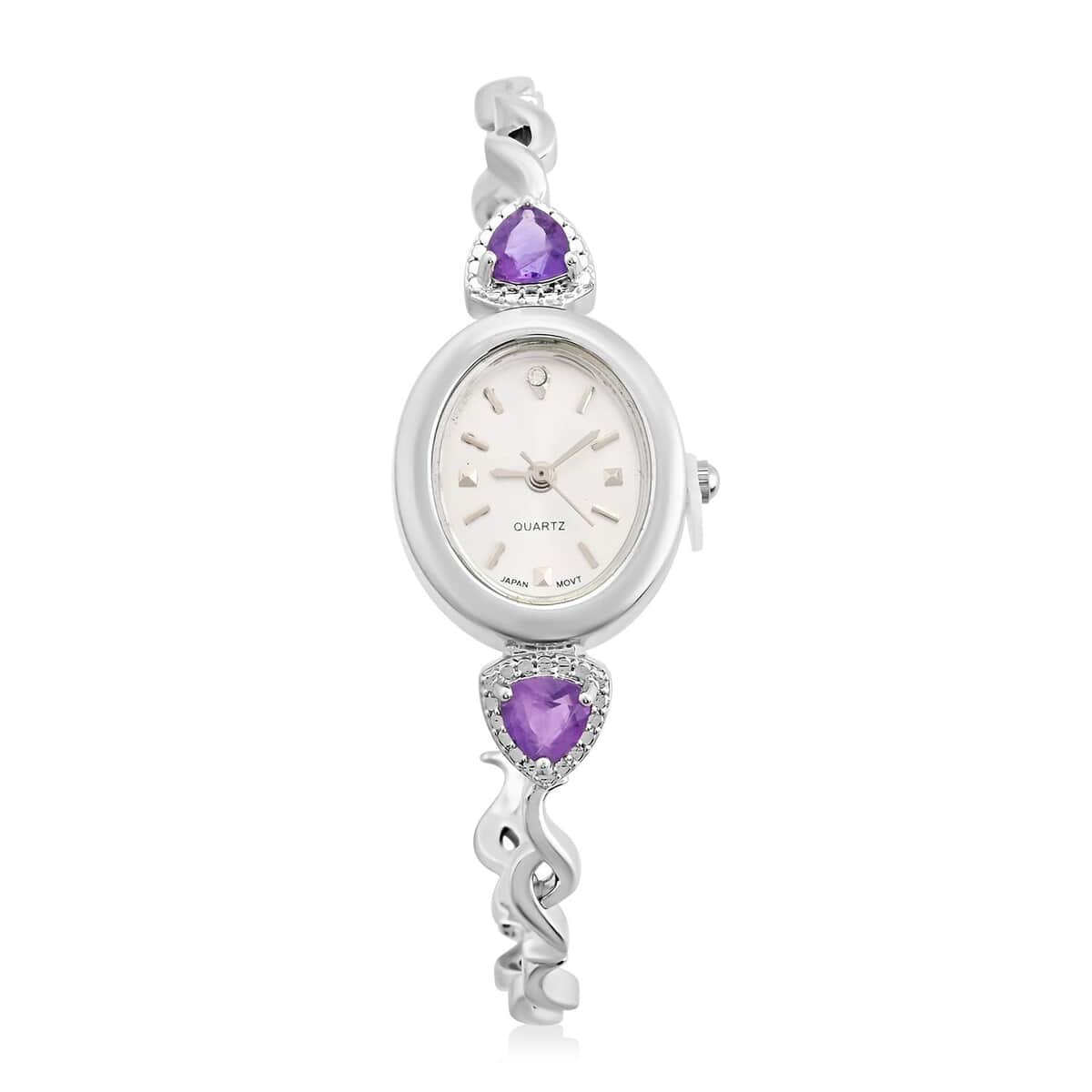 Quartz African Amethyst Japanese Movement Watch in Stainless Steel Strap 1.90 ctw image number 0