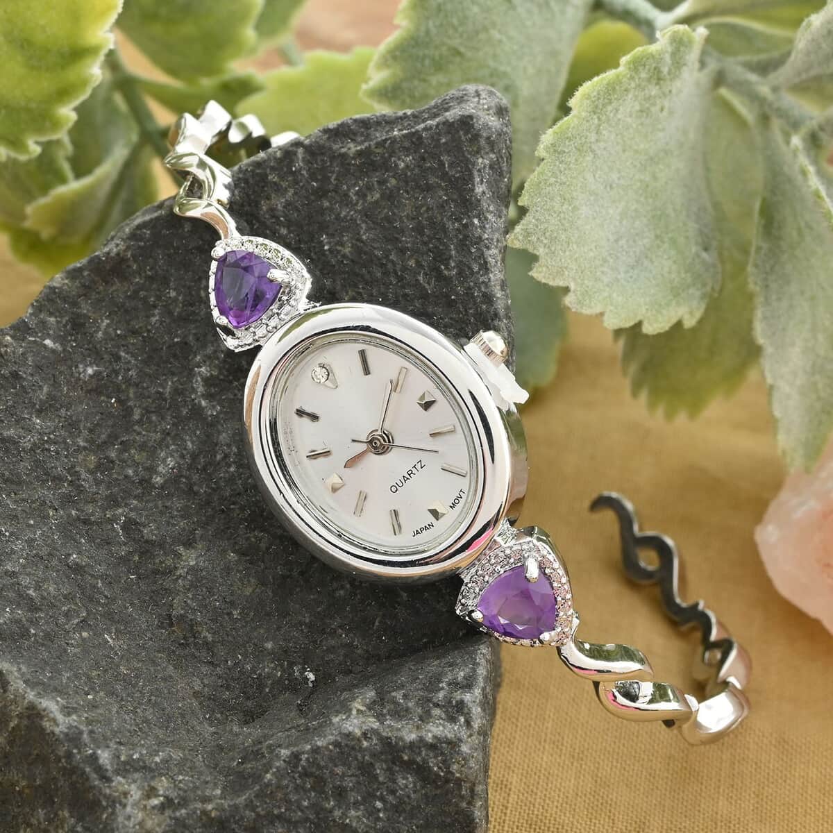 Quartz African Amethyst Japanese Movement Watch in Stainless Steel Strap 1.90 ctw image number 1