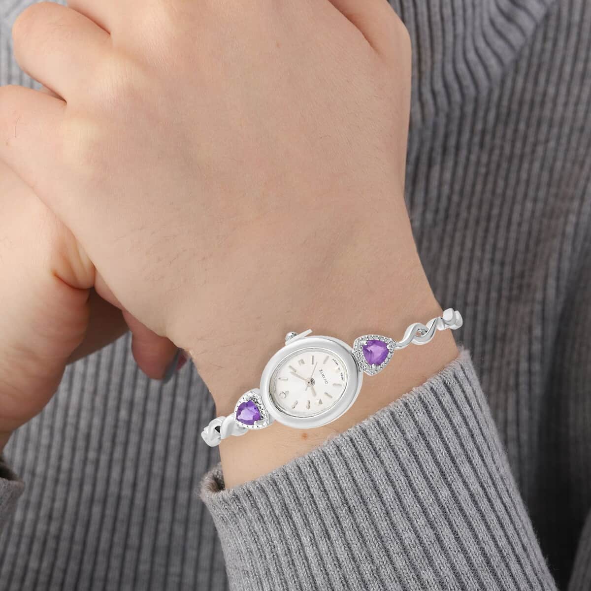 Quartz African Amethyst Japanese Movement Watch in Stainless Steel Strap 1.90 ctw image number 2