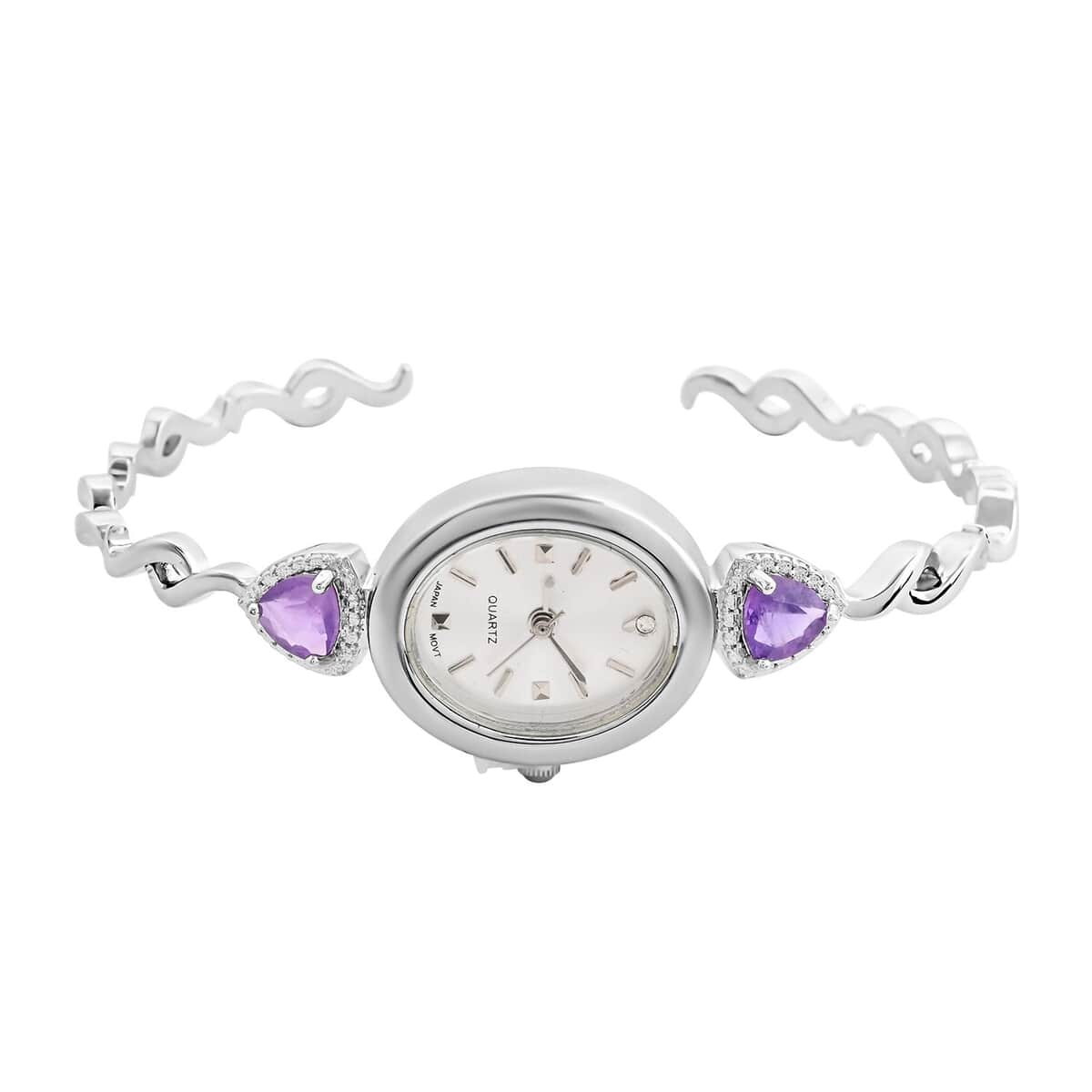 Quartz African Amethyst Japanese Movement Watch in Stainless Steel Strap 1.90 ctw image number 3